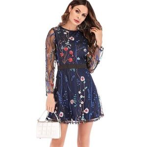 Women's Floral Embroidery Mesh Round Scoop Neck Tunic Party Dress Sz S